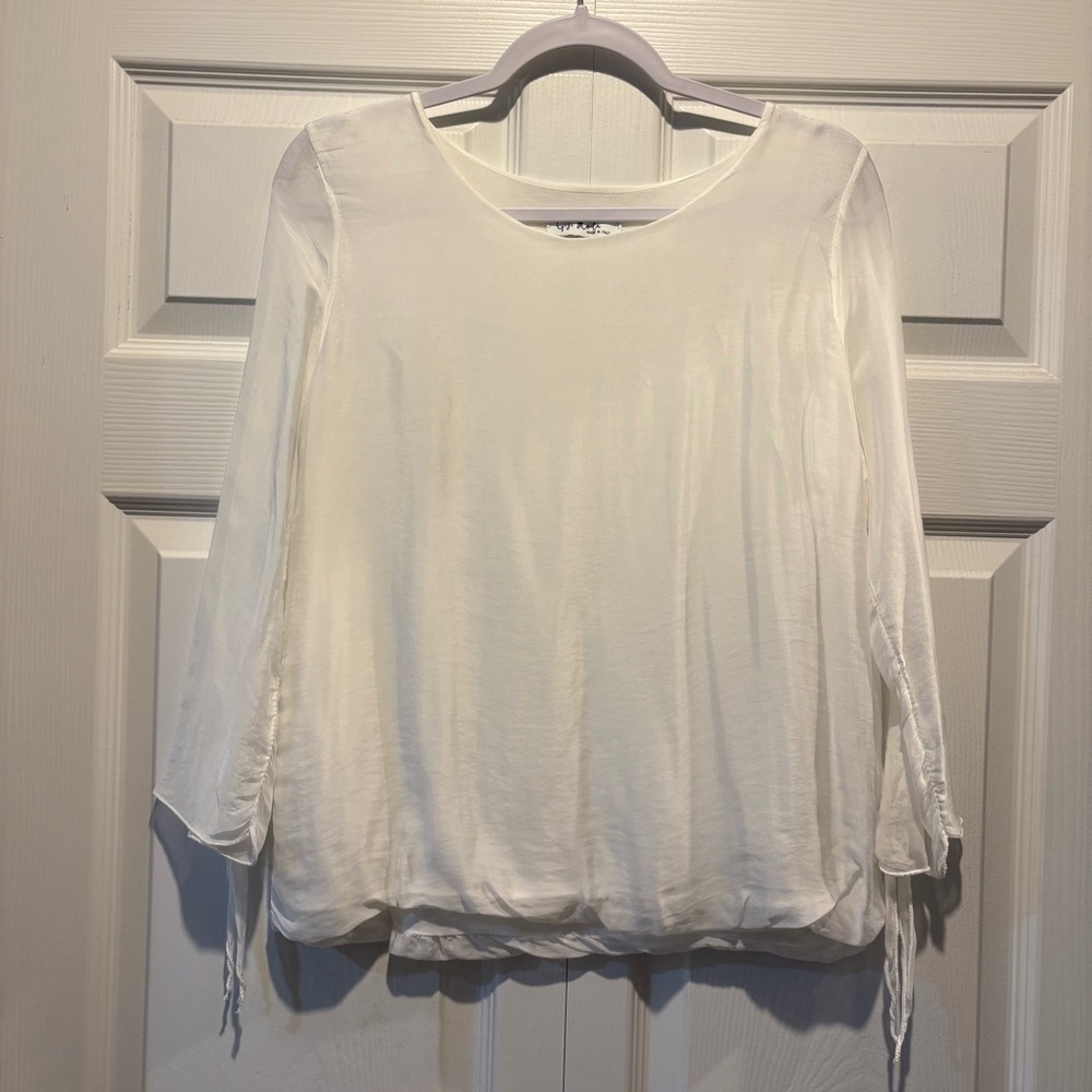 Gigi Moda white blouse top silk tie semi sheer sleeves lightweight Italy sz S/M